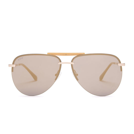 Tahoe sunglasses with brushed gold frames and gold mirror lens front view