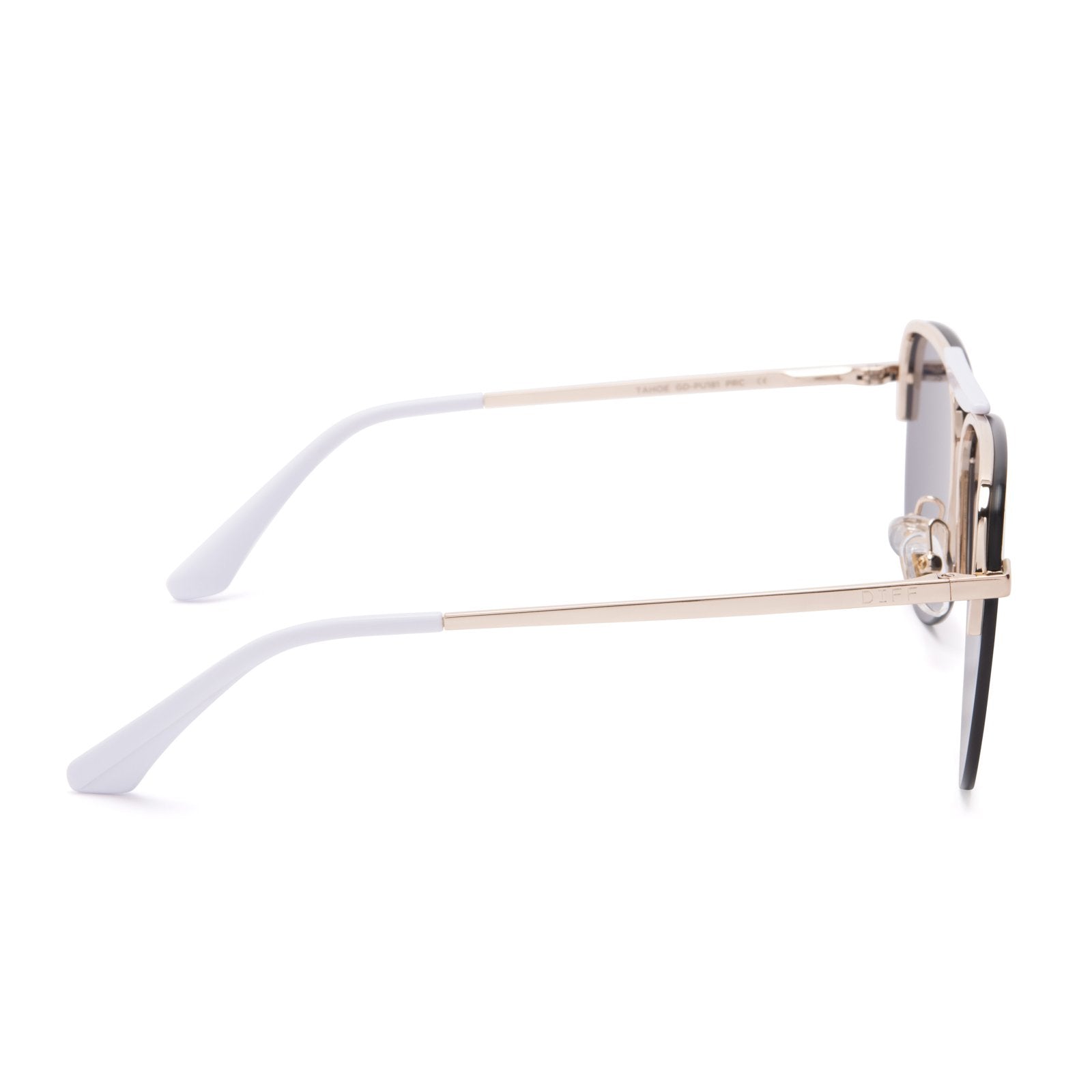 Tahoe sunglasses with gold frames and purple mirror lens side view