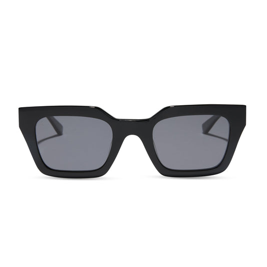 travis mathews x diff eyewear featuring the solana cat eye sunglasses with a black acetate frame and grey polarized lenses front view