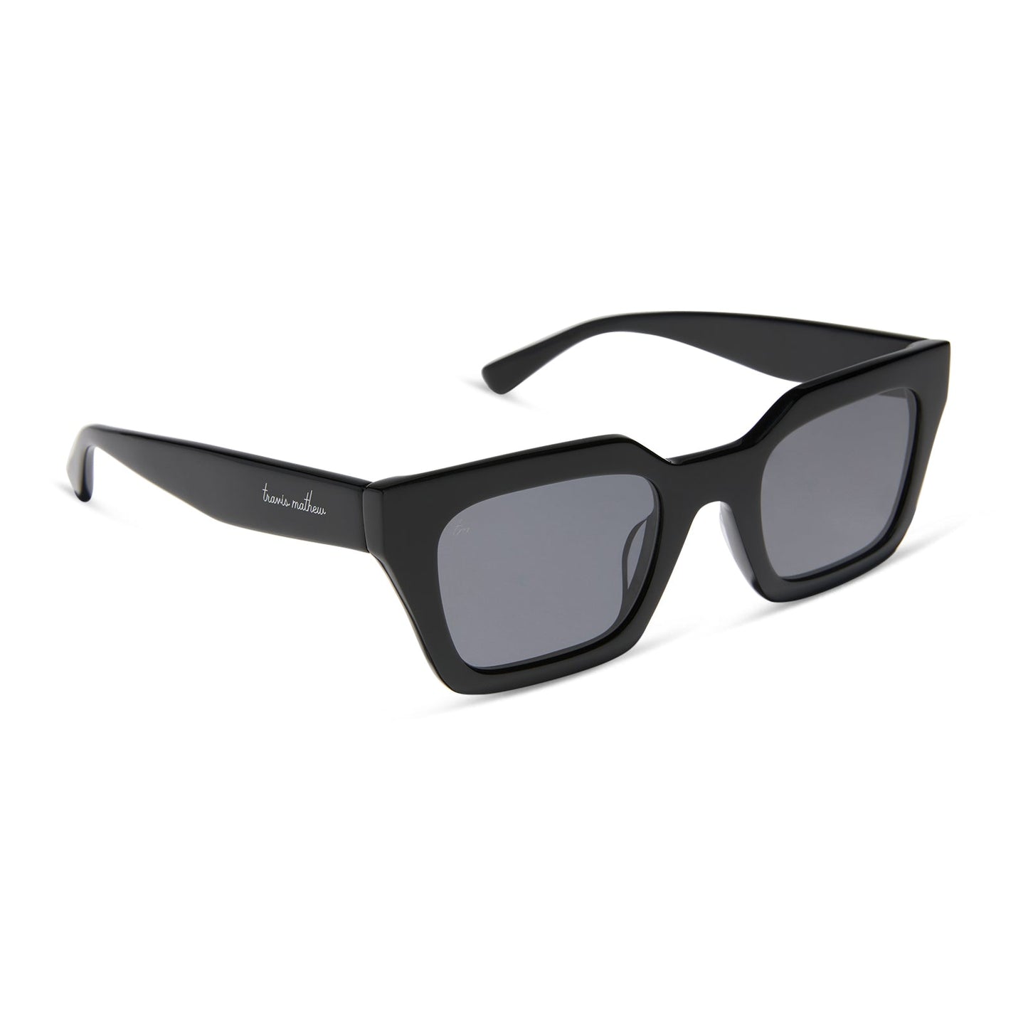 travis mathews x diff eyewear featuring the solana cat eye sunglasses with a black acetate frame and grey polarized lenses angled view