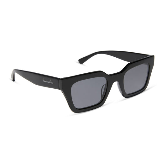 travis mathews x diff eyewear featuring the solana cat eye sunglasses with a black acetate frame and grey polarized lenses angled view