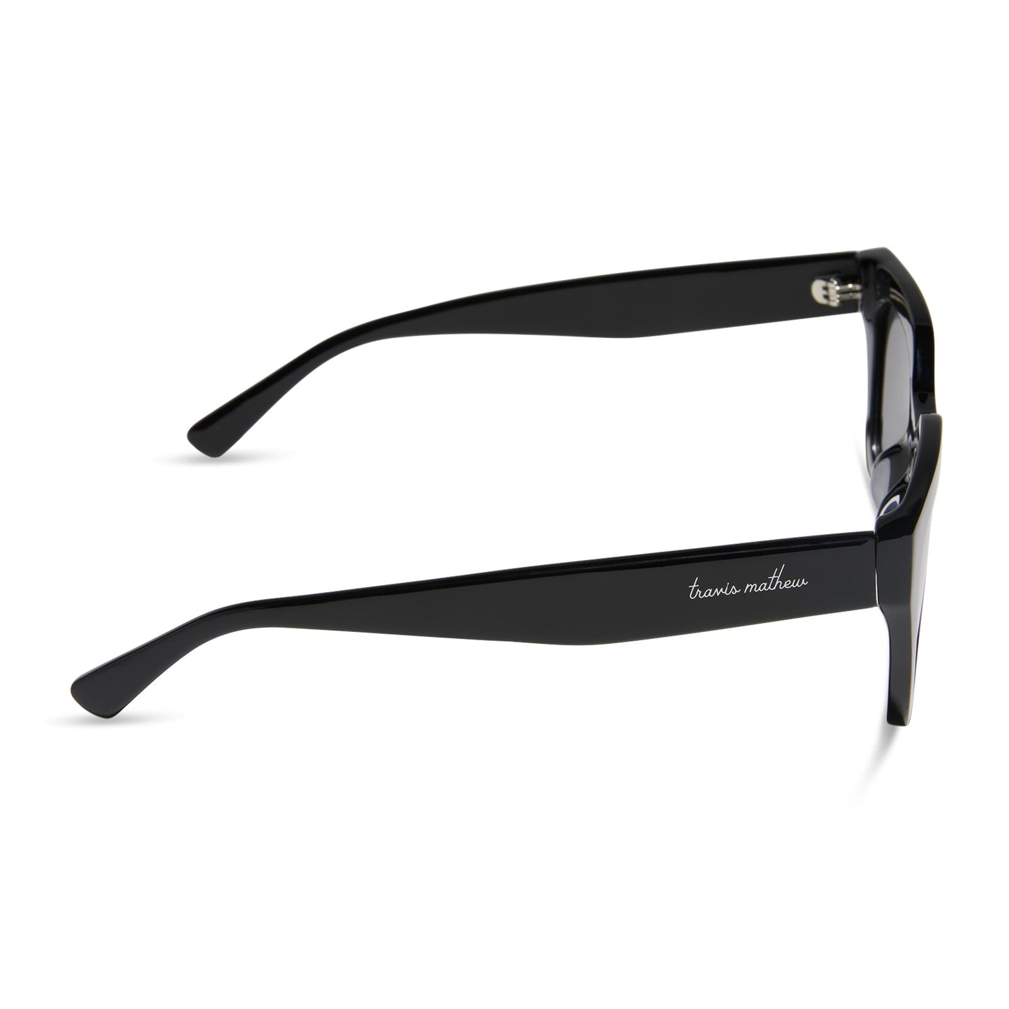 travis mathews x diff eyewear featuring the solana cat eye sunglasses with a black acetate frame and grey polarized lenses side view