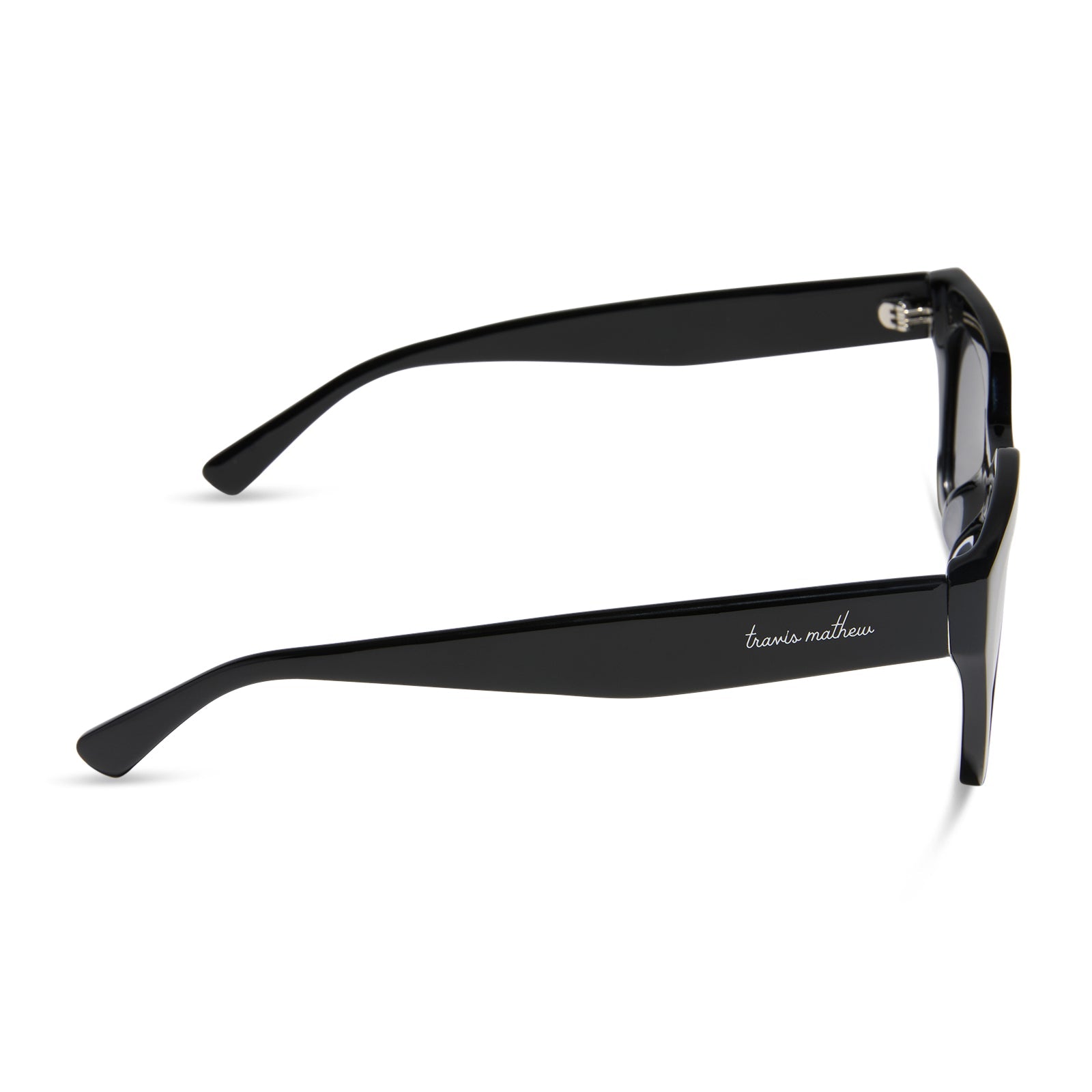 travis mathews x diff eyewear featuring the solana cat eye sunglasses with a black acetate frame and grey polarized lenses side view