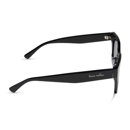 travis mathews x diff eyewear featuring the solana cat eye sunglasses with a black acetate frame and grey polarized lenses side view