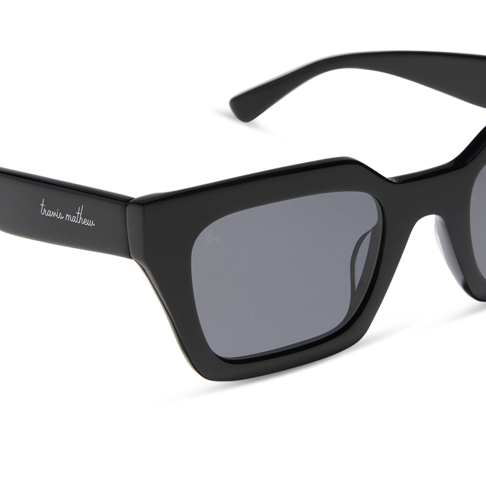 travis mathews x diff eyewear featuring the solana cat eye sunglasses with a black acetate frame and grey polarized lenses detailed view