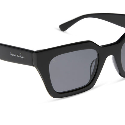 travis mathews x diff eyewear featuring the solana cat eye sunglasses with a black acetate frame and grey polarized lenses detailed view