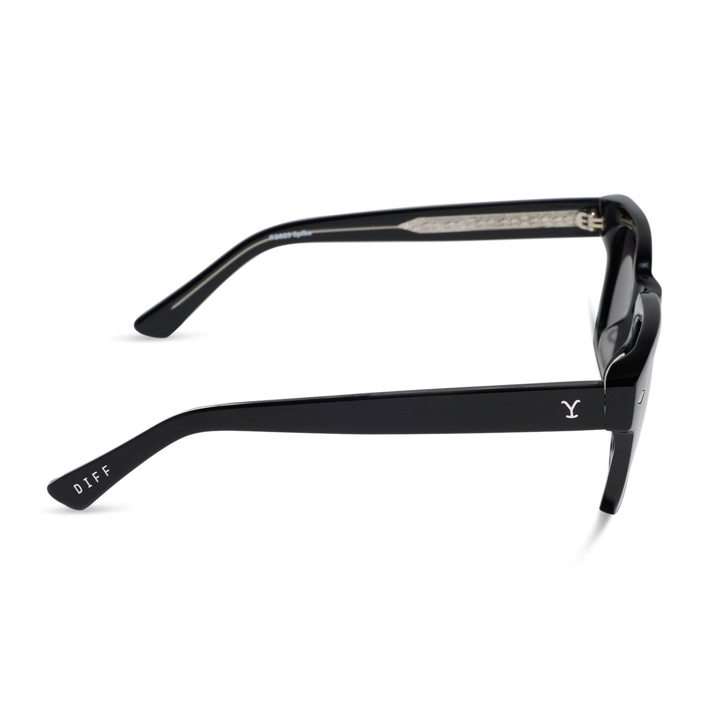 yellowstone x diff eyewear featuring the kayce dutton square sunglasses with a classic black acetate frame and grey polarized lenses side view