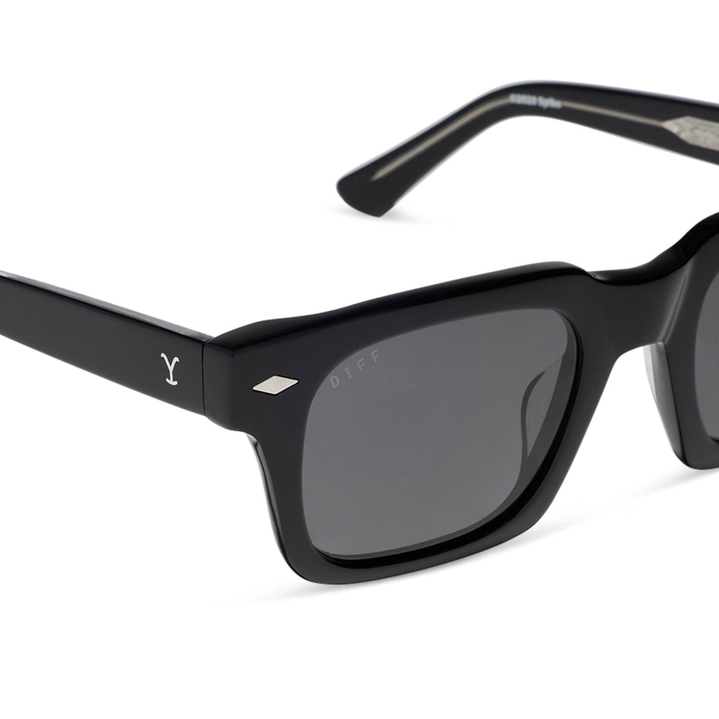 yellowstone x diff eyewear featuring the kayce dutton square sunglasses with a classic black acetate frame and grey polarized lenses detailed view