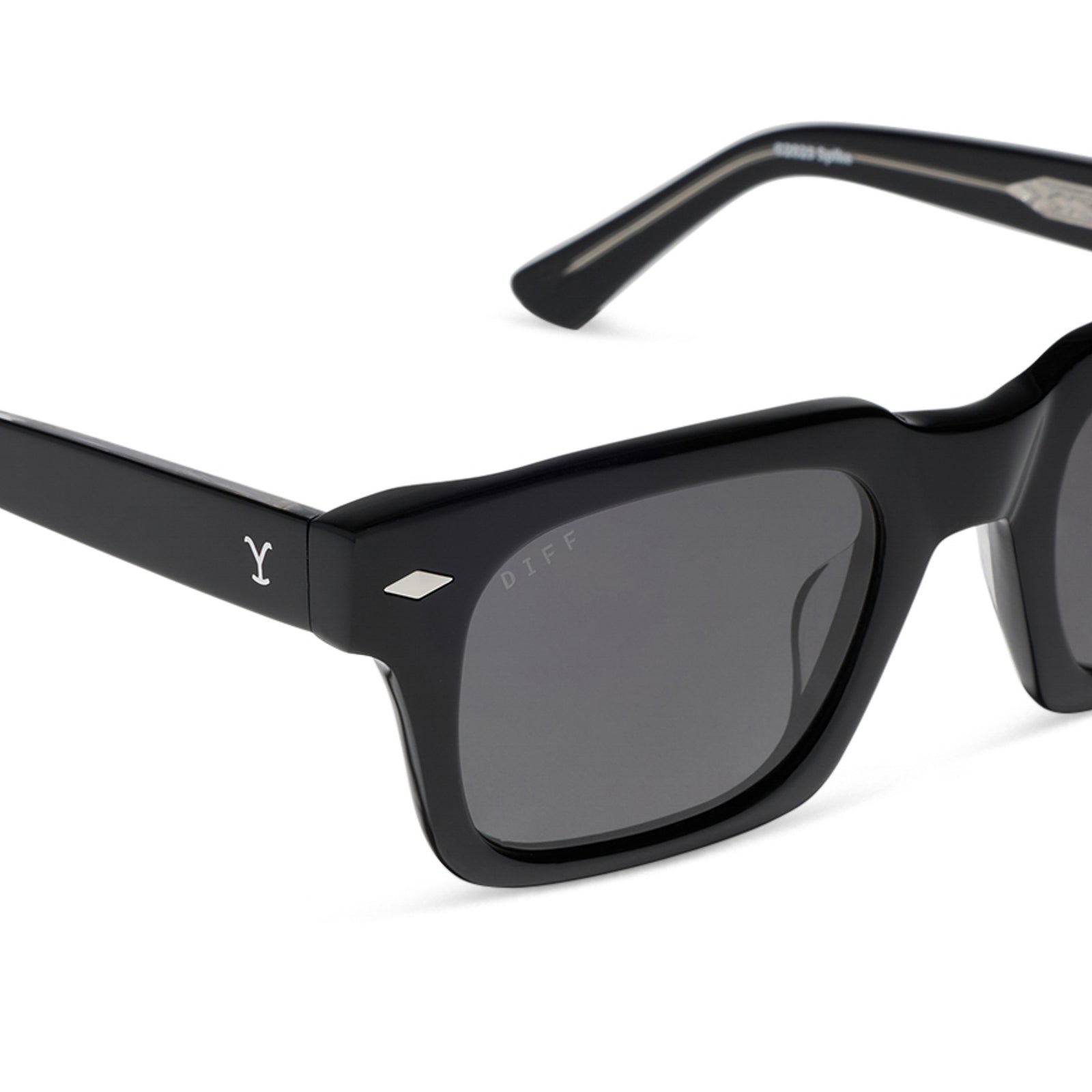 yellowstone x diff eyewear featuring the kayce dutton square sunglasses with a classic black acetate frame and grey polarized lenses detailed view