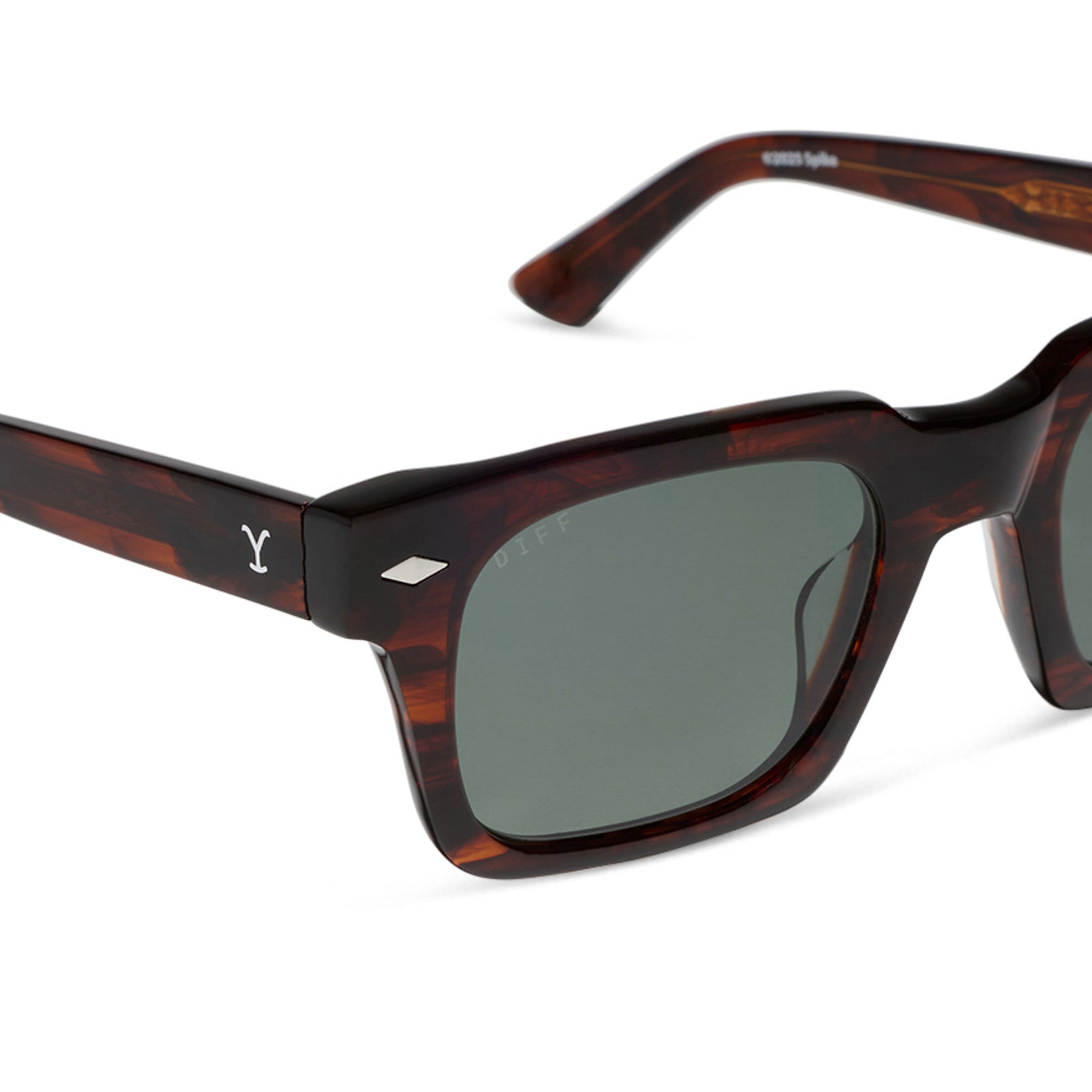yellowstone x diff eyewear featuring the kayce dutton square sunglasses with a western sequoia acetate frame and green g15 polarized lenses detailed view